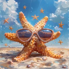 A starfish wearing sunglasses is on a beach. The sunglasses are large and shiny, and the starfish is surrounded by many small seashells. Concept of fun and playfulness
