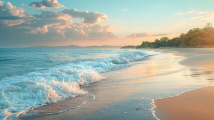 Obraz premium Cinematic, landscape photography showcasing a coastal paradise with gentle waves embracing a pristine, sandy beach, lively and energetic