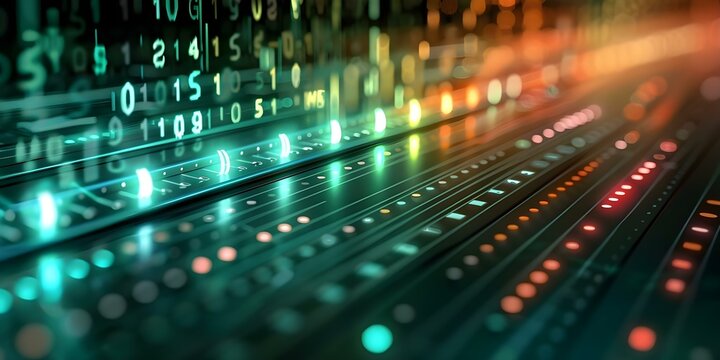 Closeup of control panel with flashing lights and changing numbers representing data transmission through 5G technology. Concept Technology, Data Transmission, Control Panel, 5G Technology - Powered by Adobe