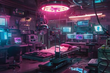 Hightech lab with vibrant neon lights and cuttingedge scientific equipment
