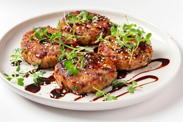 Crispy Golden Brown Lotus Root Chicken Patties with Microgreens