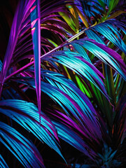 Exotic palm fronds drenched in vivid purple neon light, casting dramatic shadows and enhancing their natural beauty.