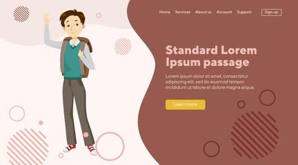 Male teenager waving hand flat vector illustration. Schoolboy with backpack, in trousers and shirt. Teenager, gesturing, greeting concept for website design, landing page