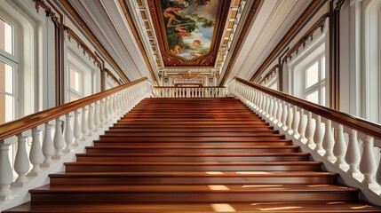 A grand staircase with a classic design, featuring a hand-painted fresco on the ceiling above and rich wooden steps