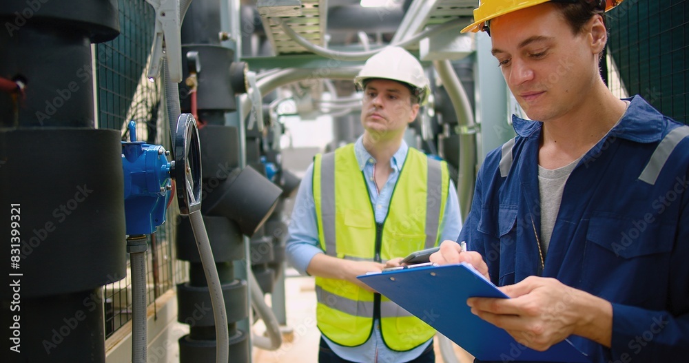 Wall mural civil engineer manager and foreman worker checking industry cooling air conditioner water cooling to