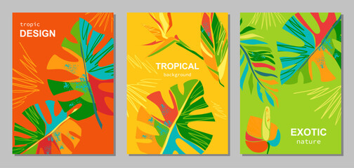 Set of summer bright cards with abstract tropical leaves. Monstera leaves, palm trees, tropical flowers. In a modern minimalist style. Template for ad, banner, cover, label, poster, sales. Vertical 