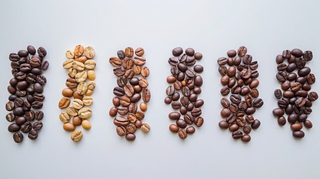 Various types of coffee beans are neatly arranged in parallel lines on a white surface, showcasing different roast levels and origins.