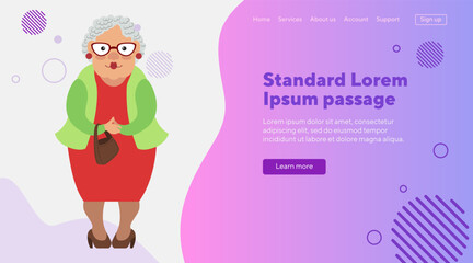 Old lady character with curly gray hair flat vector illustration. Granny in glasses and with bag. Senior woman, old age, retirement concept  for banner, website design or landing page
