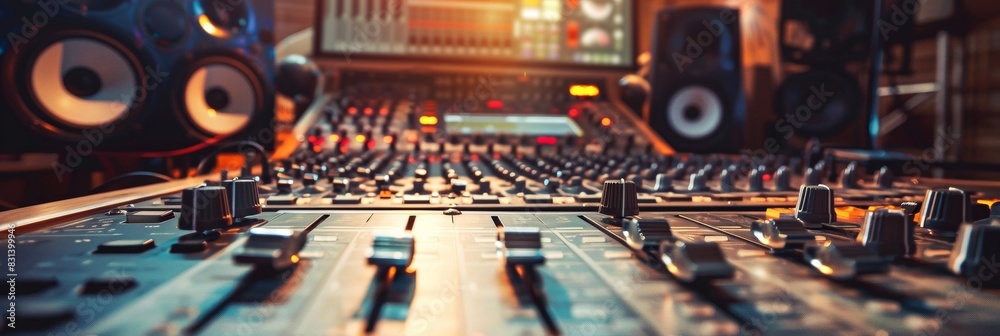 Poster a sound board dominates the foreground, with a multitude of speakers lining the background, creating