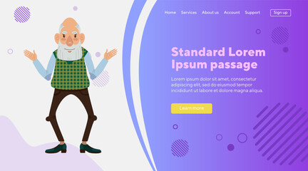 Old man character with open hands flat vector illustration. Senior man with beard greeting someone. Retirement, gesturing concept for banner, website design or landing page