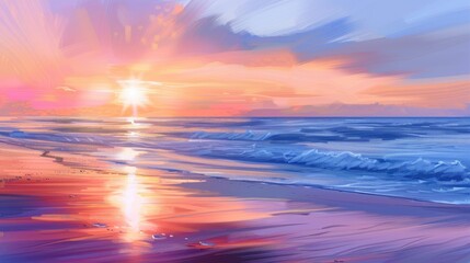 Fototapeta premium Colorful and Bright Seascape at Sunrise or Sunset with Sunlight Reflected in Ocean and on Beach
