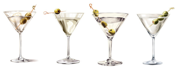 Four martinis with olives on the side. The martinis are all different colors. Isolated transparent background