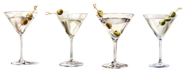 Four martinis with olives on the side. The martinis are all different colors. Isolated transparent background