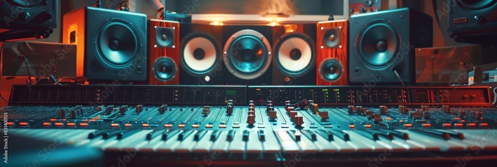Aufkleber a bustling mixing desk surrounded by an array of sound equipment, channels of music blend seamlessly