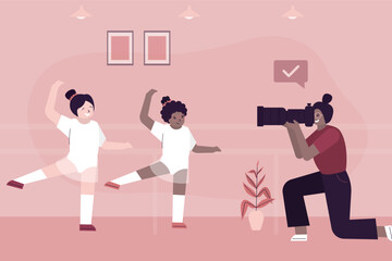 Cute multiethnic girls ballet dancer at photo session, photographer uses camera with tele lens and making photos. Beauty kids before camera. © Alina