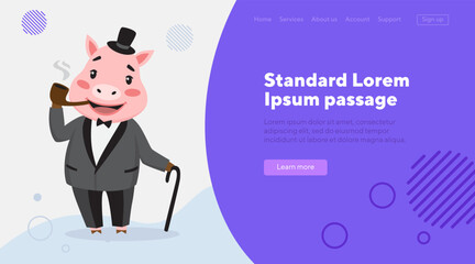 Pig in top hat and tuxedo smoking pipe. Gentleman cartoon character vector illustration. Gentleman, fashion and culture concept for banner, website design, landing page