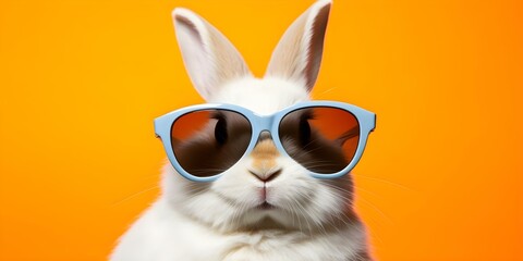 Modern clipart of a White Rabbit with sunglasses on colorful background. Concept Cartoon, Rabbit, Sunglasses, Bright Colors, Modern Style
