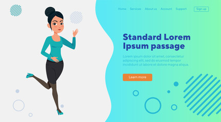 Pretty young office employee running to work in office. Female cartoon character in casual wear in hurry. Vector illustration. Business, work concept for banner, website design or landing page