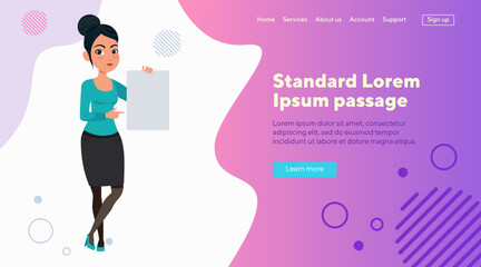 Pretty young woman in casual wear holding blank document. Female cartoon character pointing at sheet of paper. Vector illustration. Business, advertising concept for website design or landing page