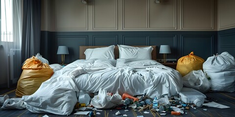 Aftermath of a Wild Party: Disheveled Hotel Room with Scattered Trash, Unmade Bed, and Overflowing Garbage Bags. Concept Messy Hotel Room, Post-Party Cleanup, Hotel Damage, Trash Everywhere