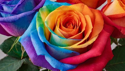 macro photo of a rose flower close up with petals painted in the colors of the LGBT flag, queer pride month