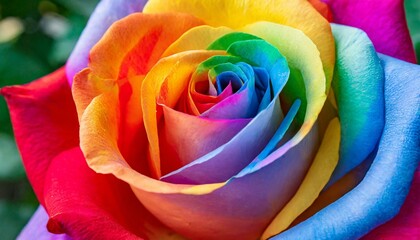 macro photo of a rose flower close up with petals painted in the colors of the LGBT flag, queer pride month