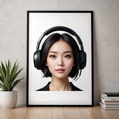 Mockup poster rostro de mujer asiática con auriculares