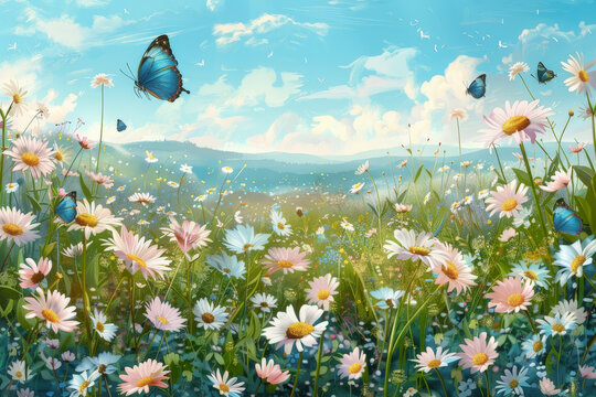 Pintura de un bello paisaje primaveral campestre con margaritas de colores sobre las que vuelan mariposas azules, con fondo de montañas y cielo azul con nubes blancas desenfocados
