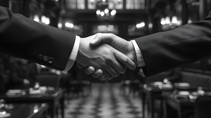 Detailed black and white close-up of businessmen shaking hands, showcasing textures and contrasts, timeless feel, blurred background, professional attire, classic and elegant, 16:9 ratio 