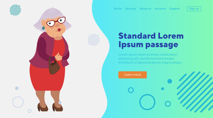 Senior woman with modern hairstyle flat vector illustration. Grandmother in glasses and with bag. Senior person, old age, retirement concept  for banner, website design or landing page