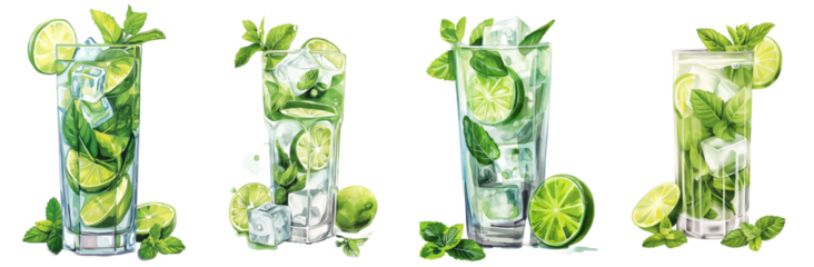 Four different types of drinks with lime slices in them isolated transparent background