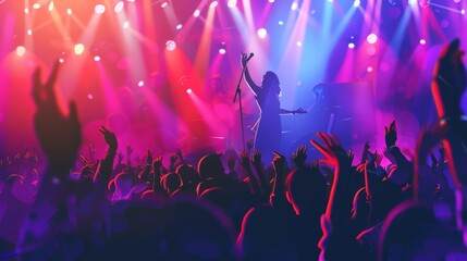 Dynamic concert crowd with hands raised under vibrant stage lighting. Captures the excitement and energy of live music events and festivals.
