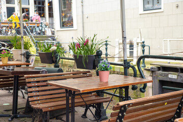 a terrace bar beside canal in Amsterdam old town