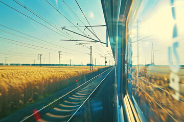 View from a train window of a countryside landscape with fields and power lines
