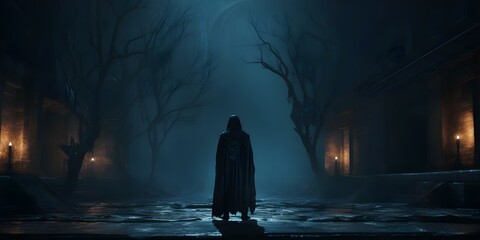 Hooded figure disappears into shadows in a sci-fi dystopian mystery setting. Concept Sci-Fi Mystery, Dystopian Setting, Hooded Figure, Shadows, Disappearance