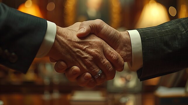 Documentary-style close-up of businessmen shaking hands, focusing on the sincere moment of a deal conclusion, detailed hand textures, stylish cufflinks, blurred background.