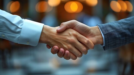 Focused close-up of a business handshake, detailed hand textures, blurred backdrop, shallow depth of field, professional and dynamic, sharp and elegant, 16:9 ratio 