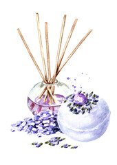Lavender Bath bomb and salt. Hand drawn watercolor illustration isolated on white background