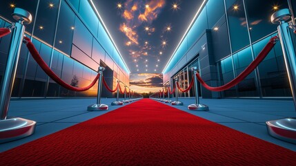 Red carpet and silver stapping railings on the outside of modern building. Red ropes in front of entrance. Luxury party entrance, cinema premiere film festival event award gala ceremony.
