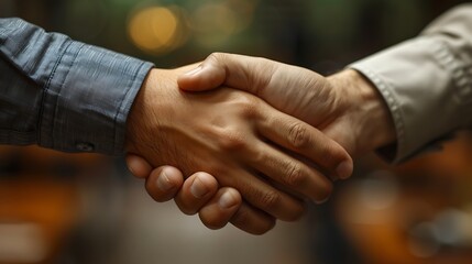 Focused close-up of a business handshake, intricate hand textures, blurred background, shallow depth of field, professional and dynamic, sharp and elegant, 16:9 ratio 