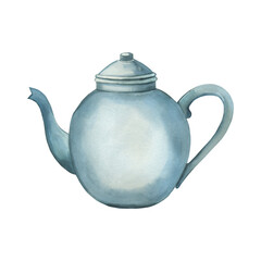 Teapot for brewing. Blue round ceramic teapot. Watercolor illustration. All elements are hand-painted with watercolors. Suitable for printing on fabric and paper, textiles, kitchen.