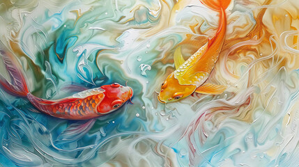 Abstract fluid expression koi fish swimming in water, Asian feng shui illustration, Aesthetics colorful nature inspirational tenderness illustration, oil paint, Wall decoration photo, Generated AI.