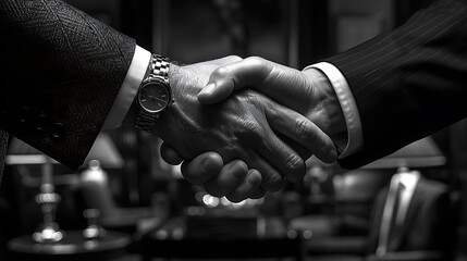 High contrast black and white close-up of a handshake, focusing on the detailed textures, timeless and classic, blurred office setting, professional and elegant, 16:9 ratio 