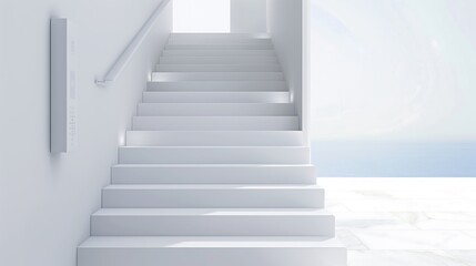 Fototapeta premium A minimalist staircase with a clean white design and a hidden smart home control panel
