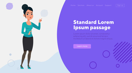 Female office employee pointing at copyspace. Pretty cartoon character in blouse and skirt vector illustration. Business, advertising concept for banner, website design or landing page
