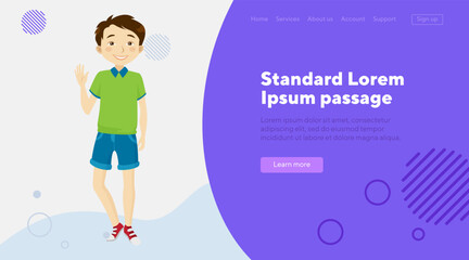 Happy boy waving hand flat vector illustration. Schoolboy in T-shirt and jeans shorts. Childhood, gesturing, greeting concept for website design, landing page