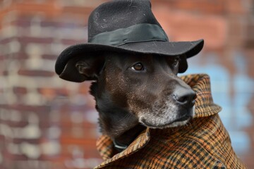 Charming canine poses in a fashionable hat and patterned scarf, showcasing pet personality