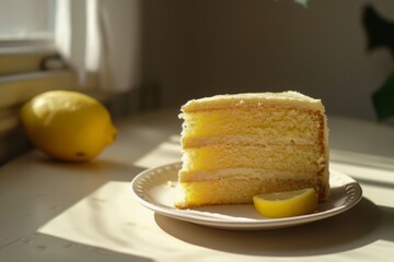 A Slice Of Lemon Cake With Buttercream Icing And Filling, And Lemon Slices On The Side, On a White Plate, Closeup, Daylight, Confectionery Advertise Concept