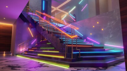 A modern staircase with a playful, geometric railing design and a splash of neon color
