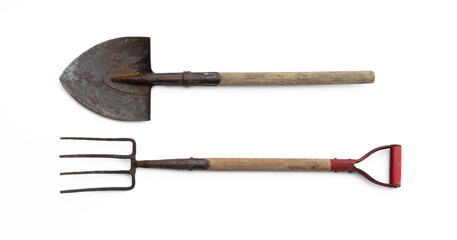 old garden tools, shovel, pitchfork isolated on white background